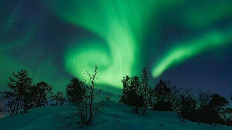 Grønt nordlys over Vuopajanniemi ved Inari i finsk Lappland